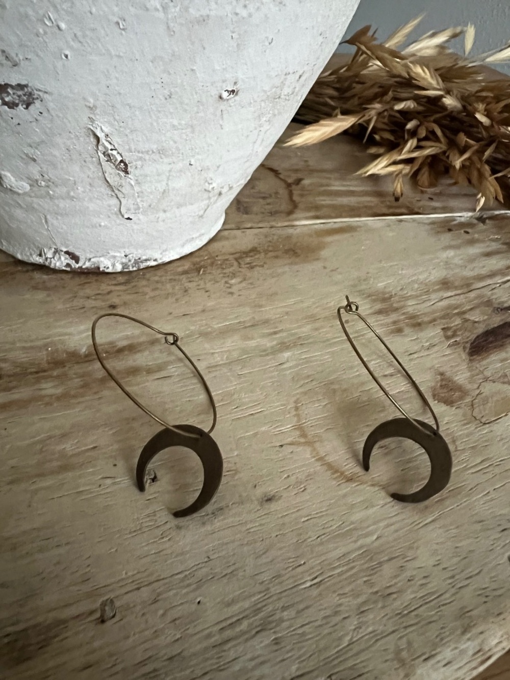 Vintage Brass Crescent Moon Hoop Earrings